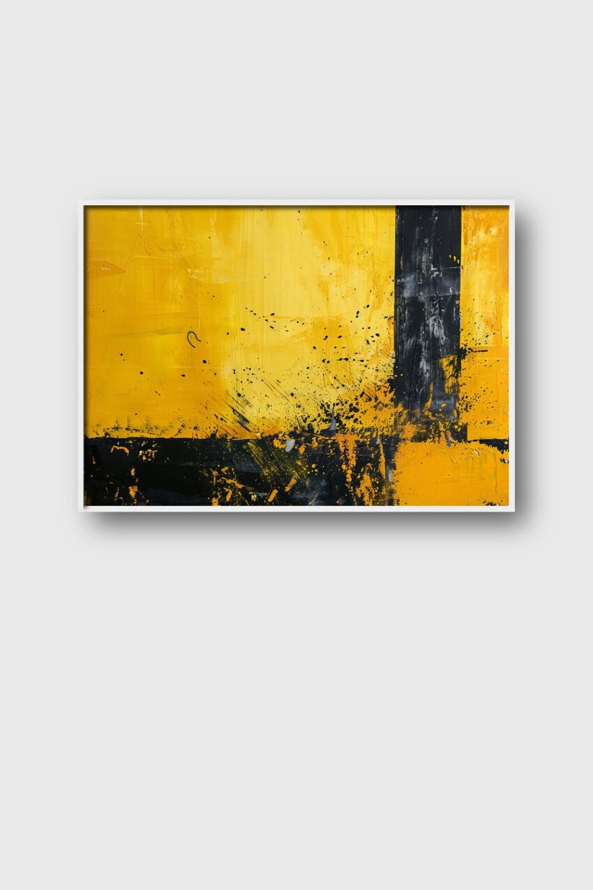 Abstraktes Poster mit schwarzen Farbspritzern und gelben Flächen in moderner Farbkombination