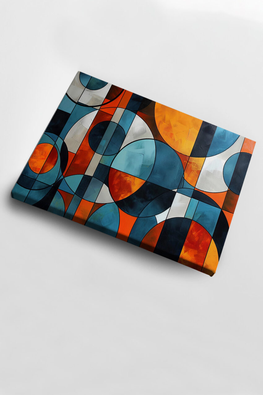 Abstraktes Poster mit geometrischen Kreisen und Rechtecken in Blau und Orange