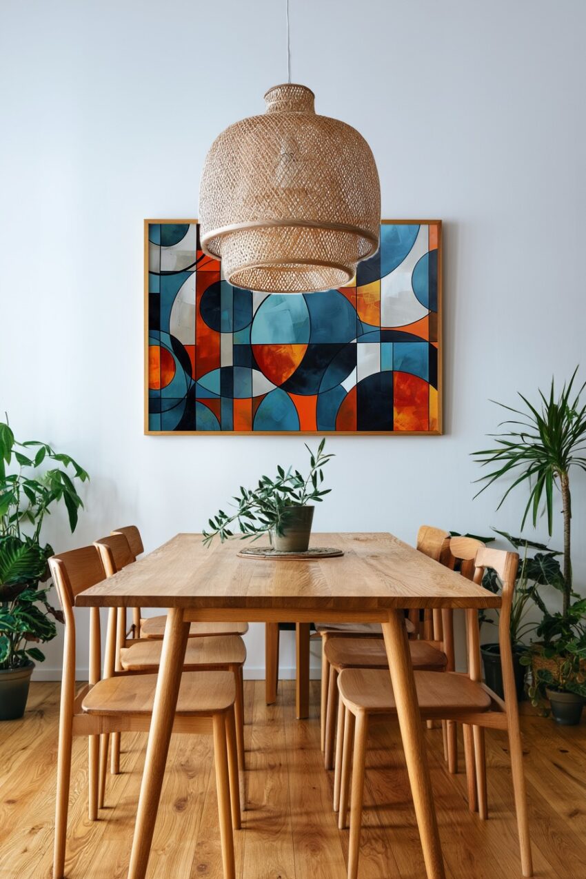 Abstraktes Poster mit geometrischen Kreisen und Rechtecken in Blau und Orange