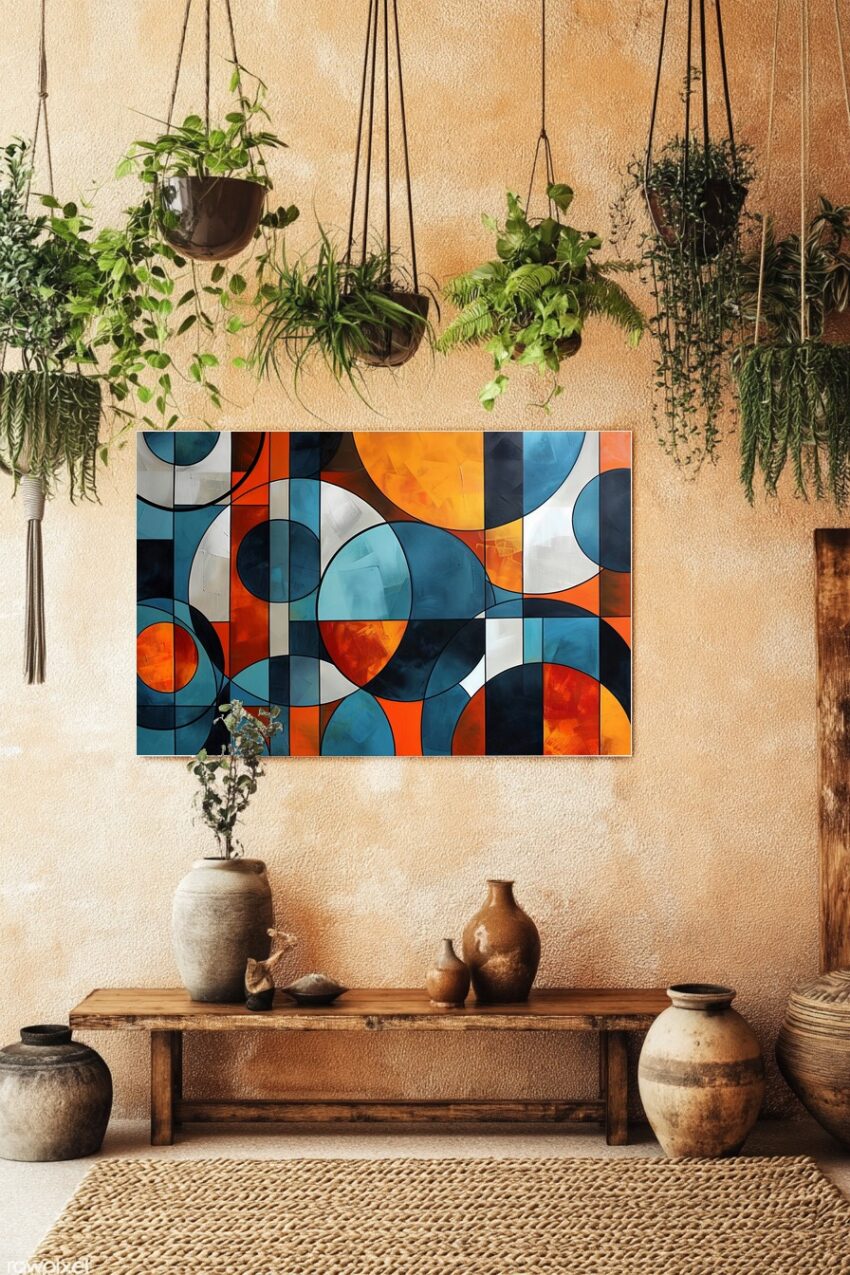 Abstraktes Wandbild mit geometrischen Kreisen und Rechtecken in Blau, Orange und Weiß als moderner Kunstdruck