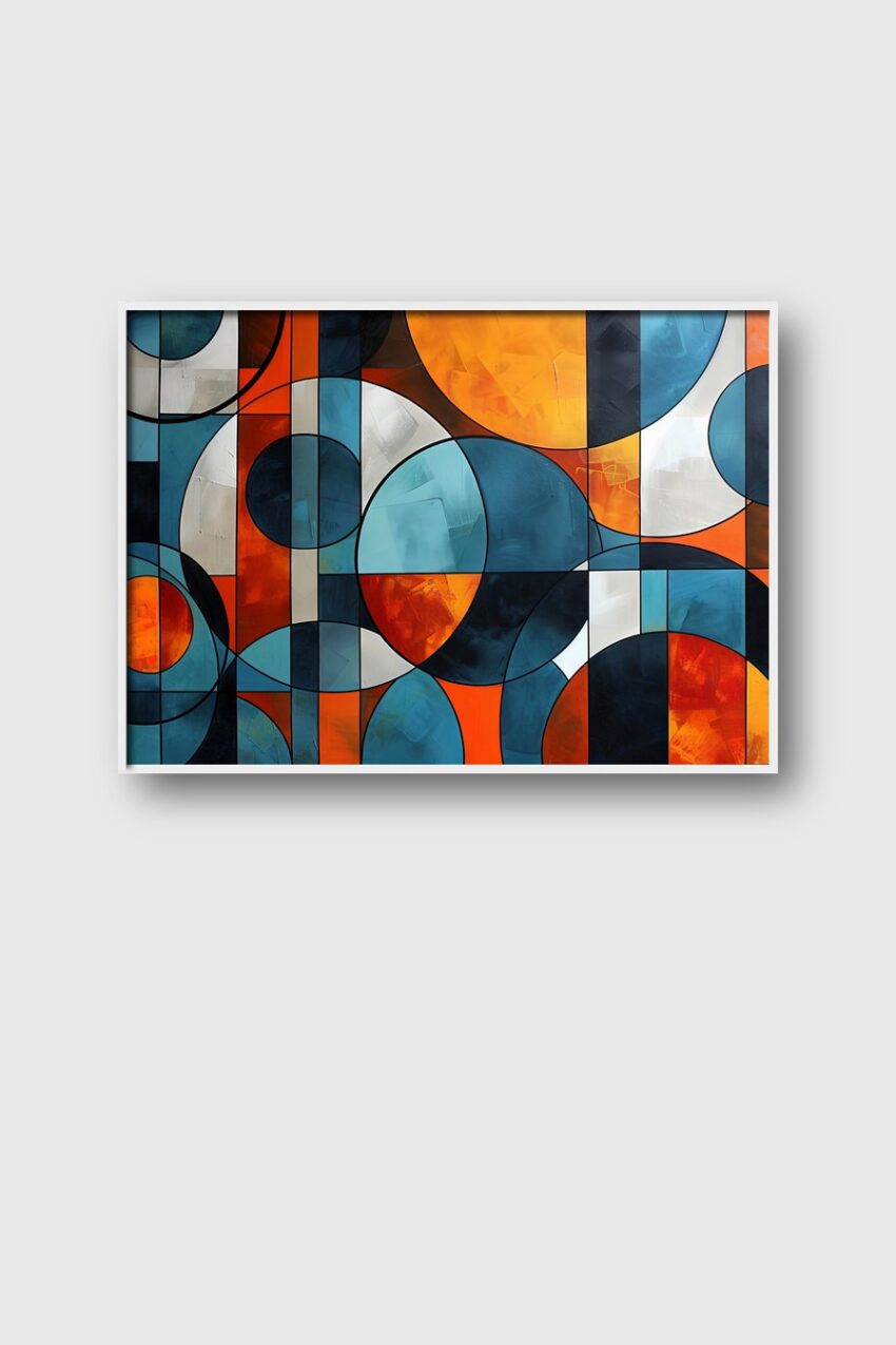 Abstraktes Poster mit geometrischen Kreisen und Rechtecken in Blau und Orange