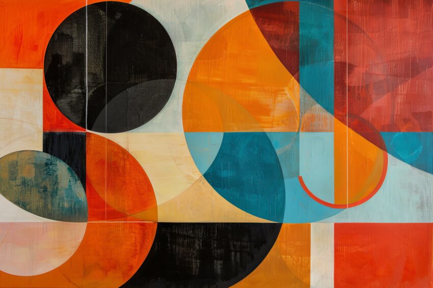 Poster mit abstrakten geometrischen Formen und Kreisen in Orange, Blau, Schwarz und Beige in modernem Stil