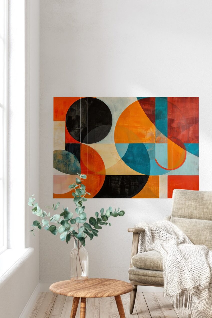 Poster mit abstrakten geometrischen Formen und Kreisen in Orange, Blau, Schwarz und Beige in modernem Stil