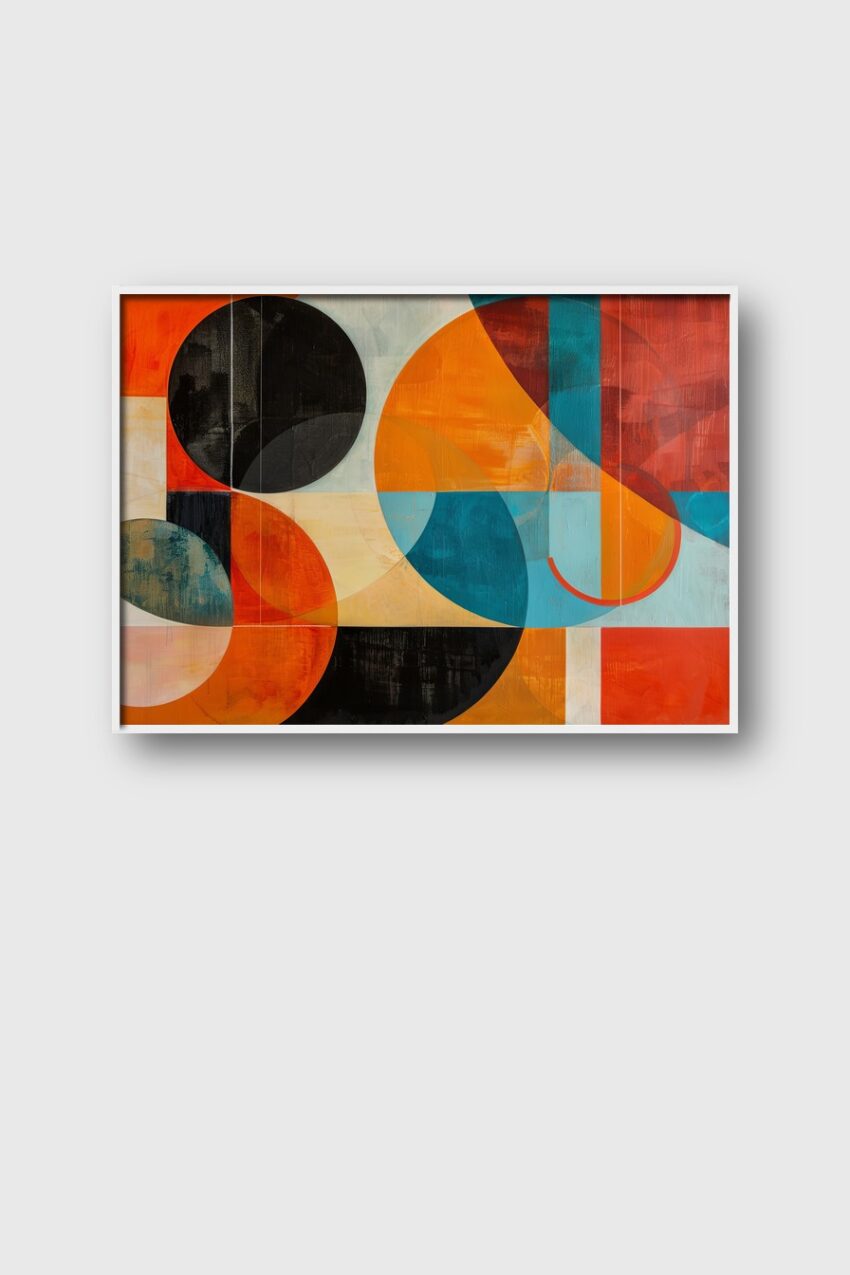 Poster mit abstrakten geometrischen Formen und Kreisen in Orange, Blau, Schwarz und Beige in modernem Stil