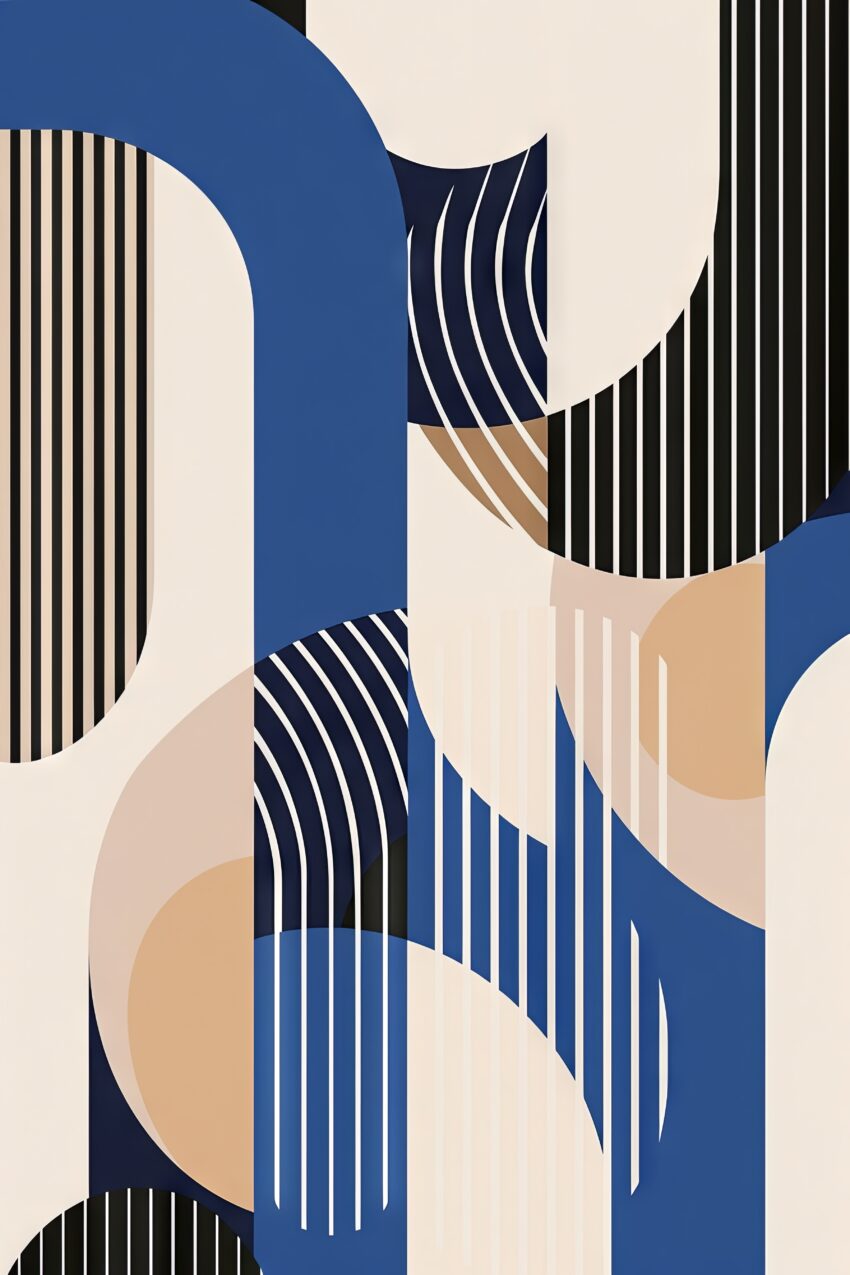 Abstraktes Wandbild mit geometrischen Formen und Linien in Blau, Beige und Schwarz als moderner Kunstdruck