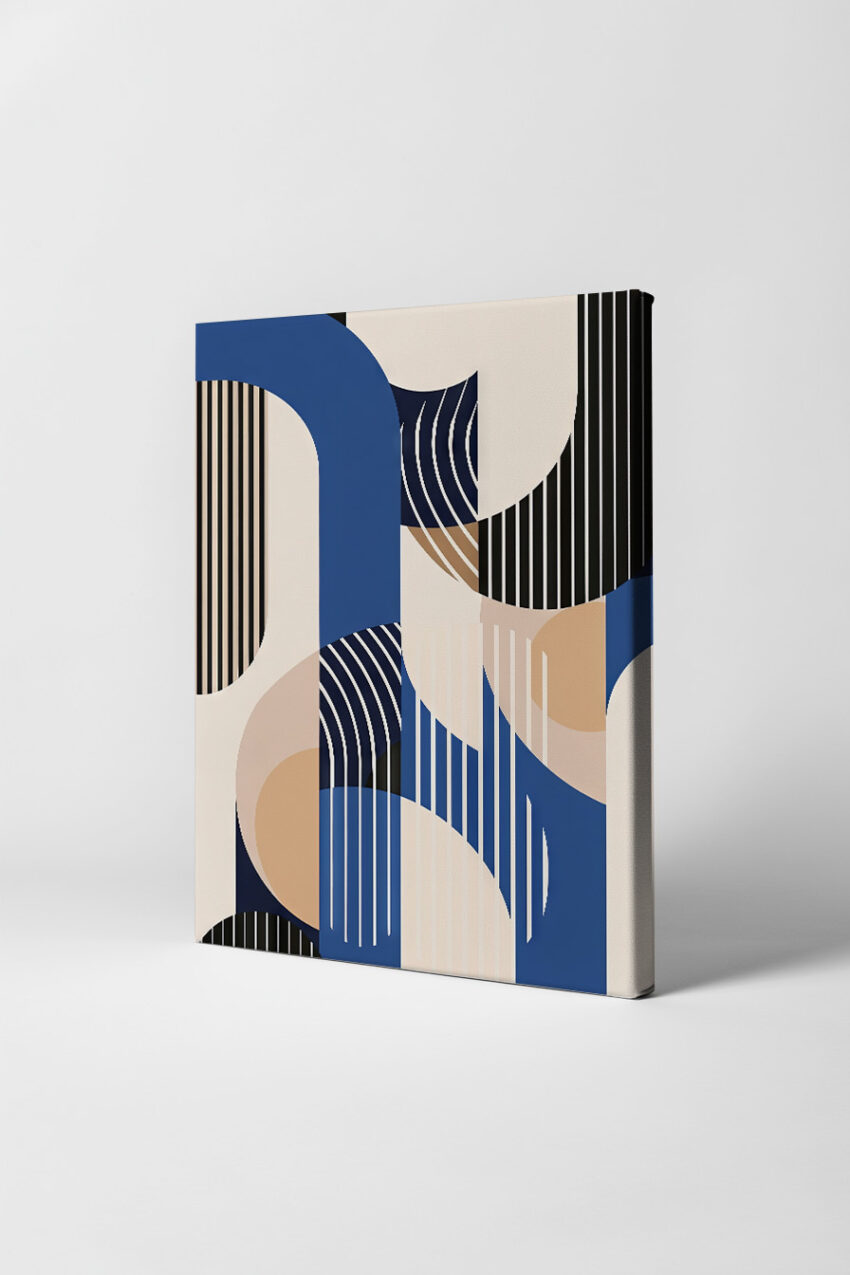 Abstraktes Bild mit blauen Bögen, schwarzen Linien und beigen Flächen, moderner Kunstdruck mit geometrischen Formen