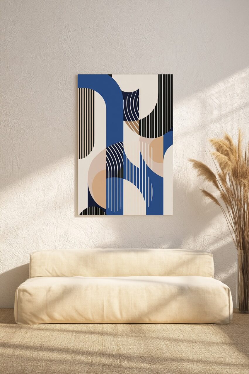 Abstraktes Wandbild mit geometrischen Formen und Linien in Blau, Beige und Schwarz als moderner Kunstdruck