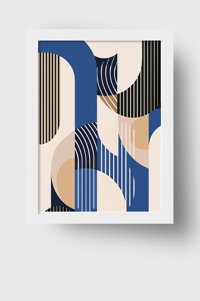 Abstraktes Bild mit blauen Bögen, schwarzen Linien und beigen Flächen, moderner Kunstdruck mit geometrischen Formen