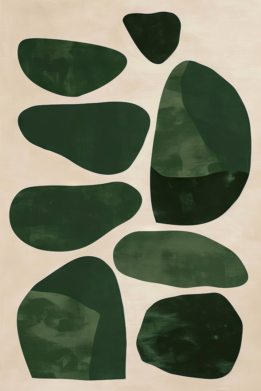 Abstraktes Bild mit grünen organischen Formen auf beige Hintergrund als moderner Kunstdruck