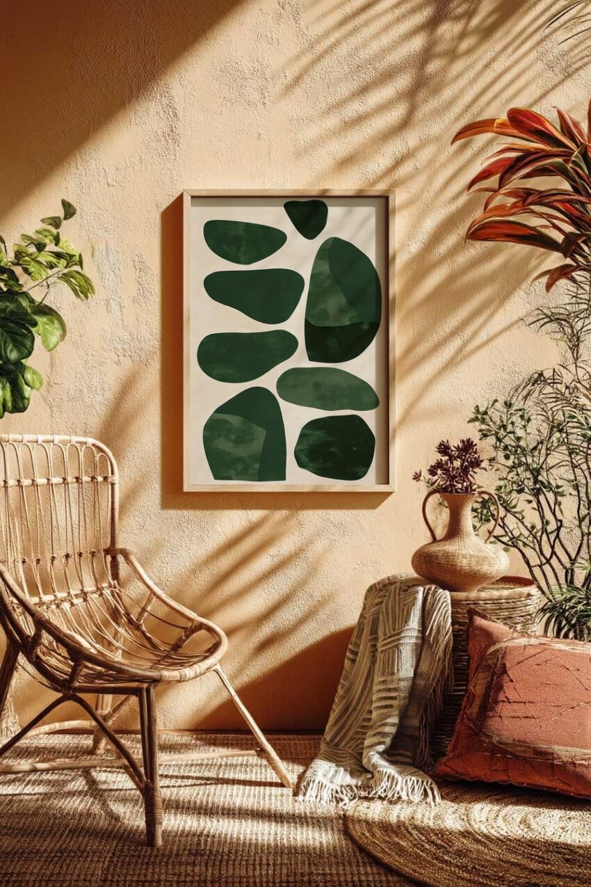 Abstrakter Kunstdruck mit dunkelgrünen organischen Formen auf beigem Hintergrund in minimalistischem Stil