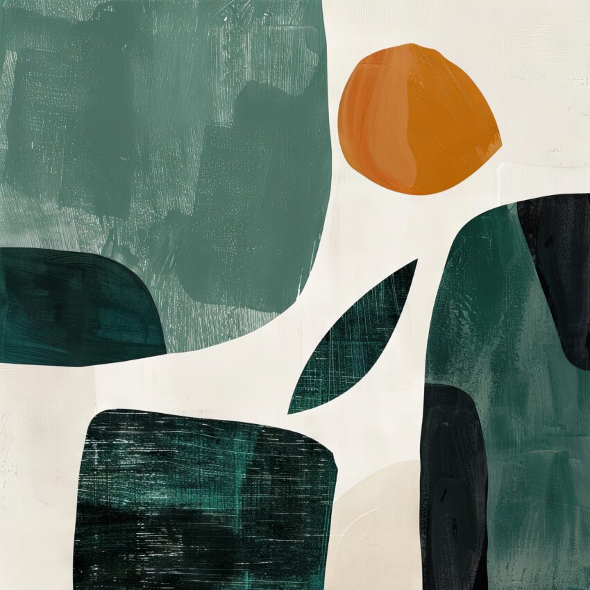 Abstraktes Kunstdruck mit grünen und orangen geometrischen Formen auf hellem Hintergrund