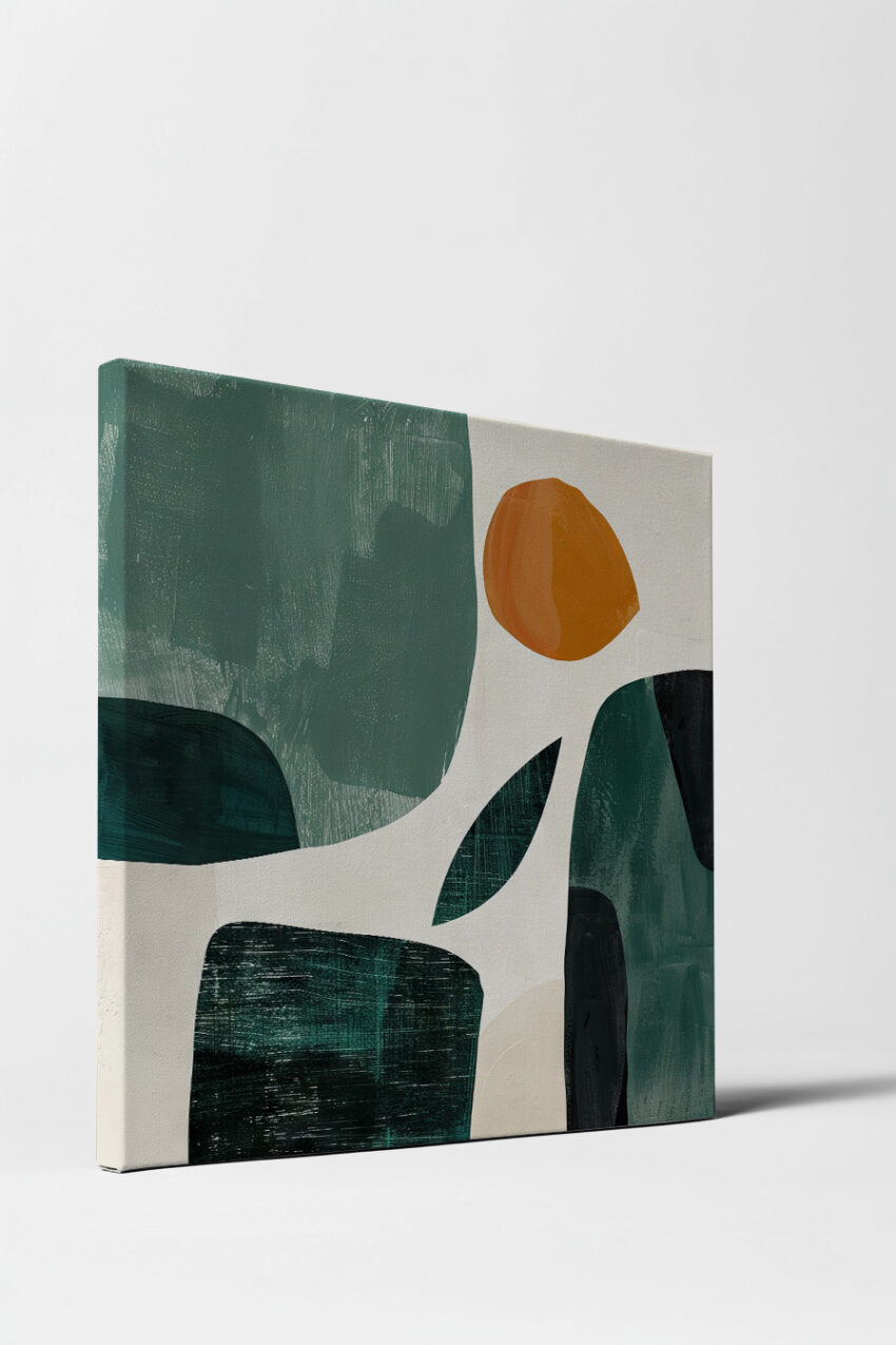 Abstraktes Kunstdruck mit grünen und orangen geometrischen Formen auf hellem Hintergrund