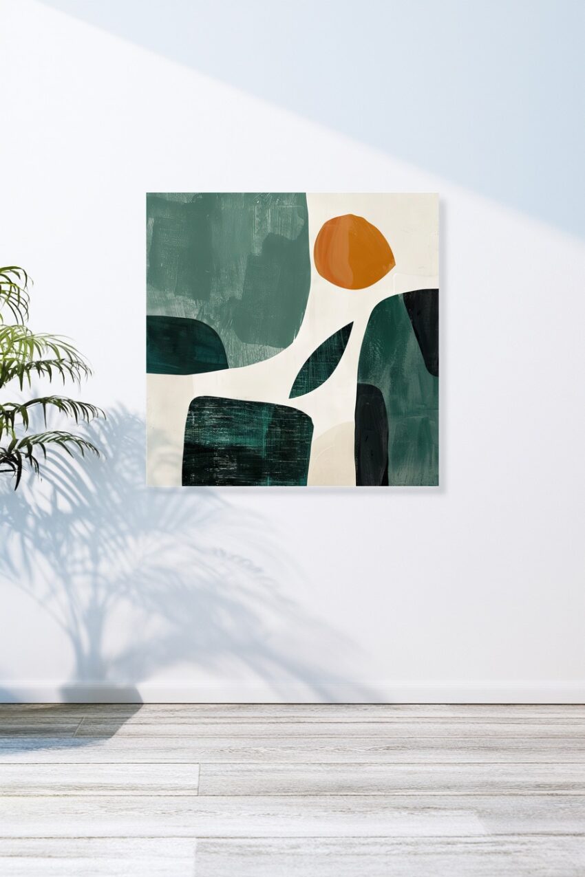 Abstraktes Kunstdruck mit grünen und orangen geometrischen Formen auf hellem Hintergrund