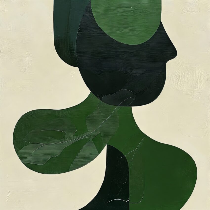 Abstraktes Poster mit grüner Silhouette und organischen Formen in modernem Stil