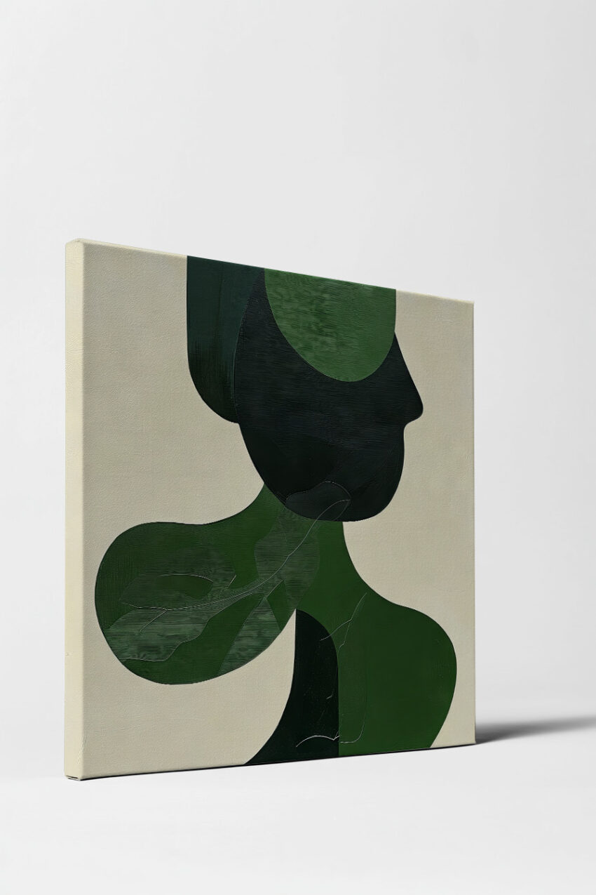 Abstraktes Poster mit grüner Silhouette und organischen Formen in modernem Stil