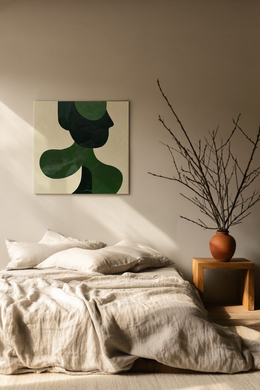 Abstraktes Wandbild einer Frauensilhouette in Grün und Schwarz als moderner Kunstdruck