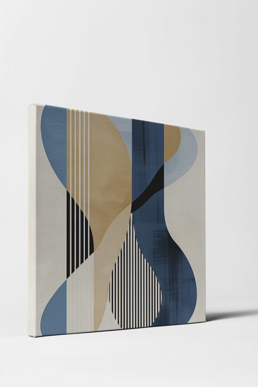 Abstraktes Poster mit beige blauen Formen und schwarzen senkrechten Linien als Kunstdruck in modernem Stil