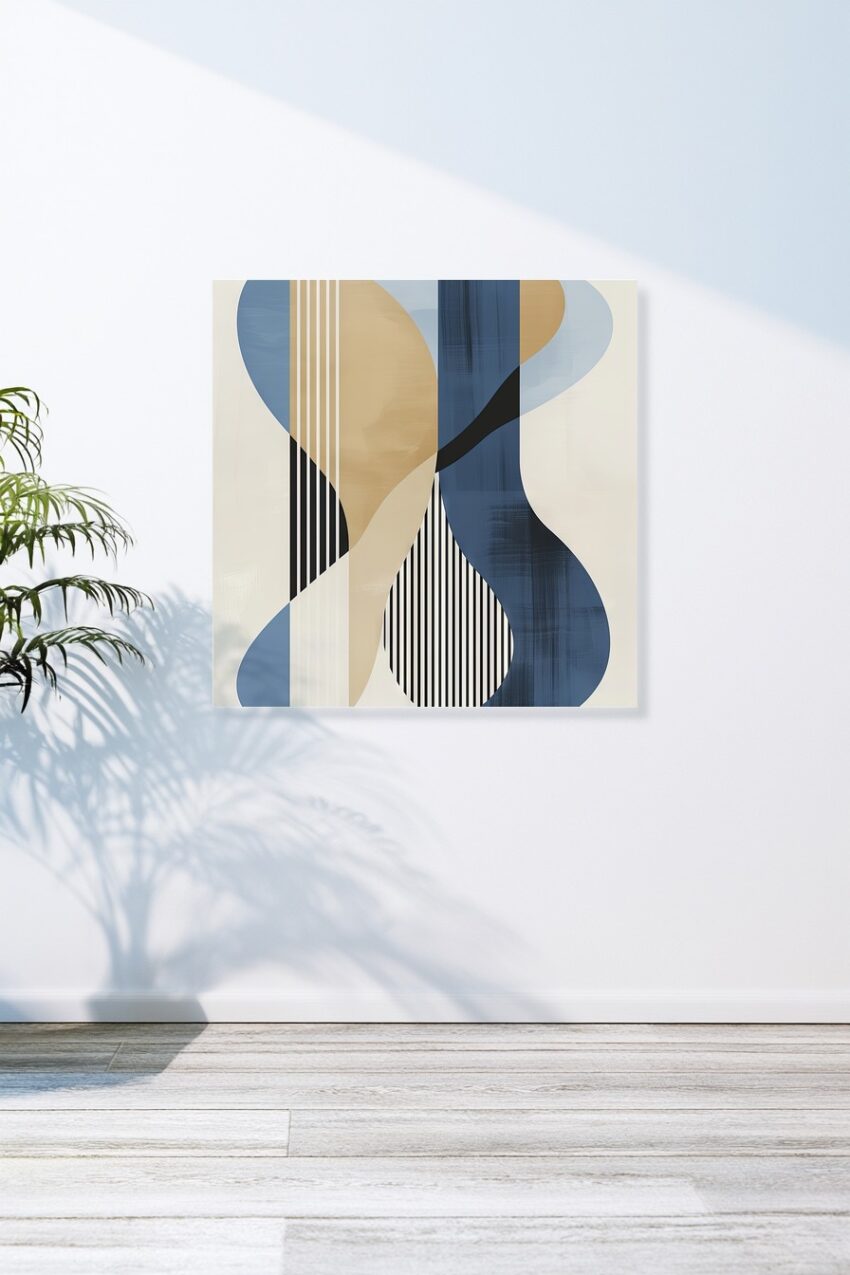 Abstraktes Poster mit beige blauen Formen und schwarzen senkrechten Linien als Kunstdruck in modernem Stil