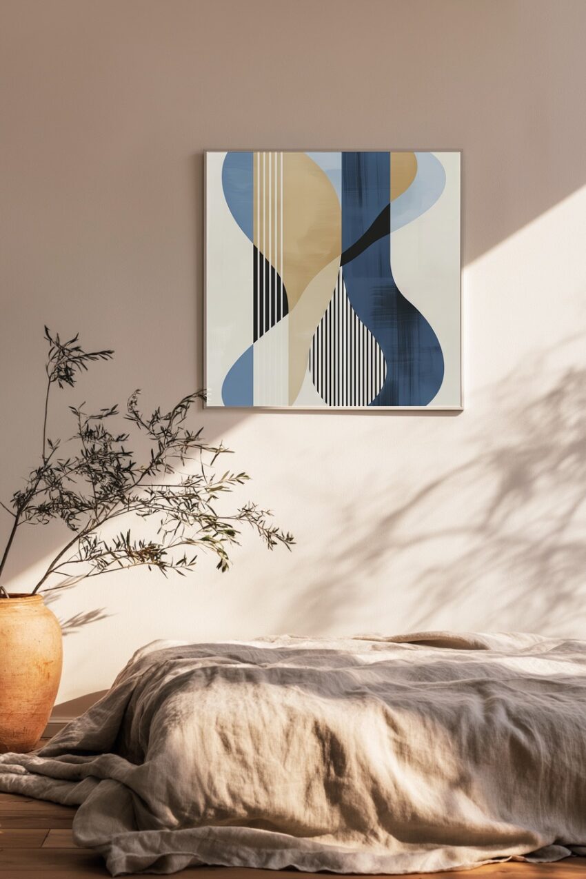 Abstrakter Kunstdruck mit geschwungenen Formen und vertikalen Linien in Beige, Blau, Schwarz und Weiß