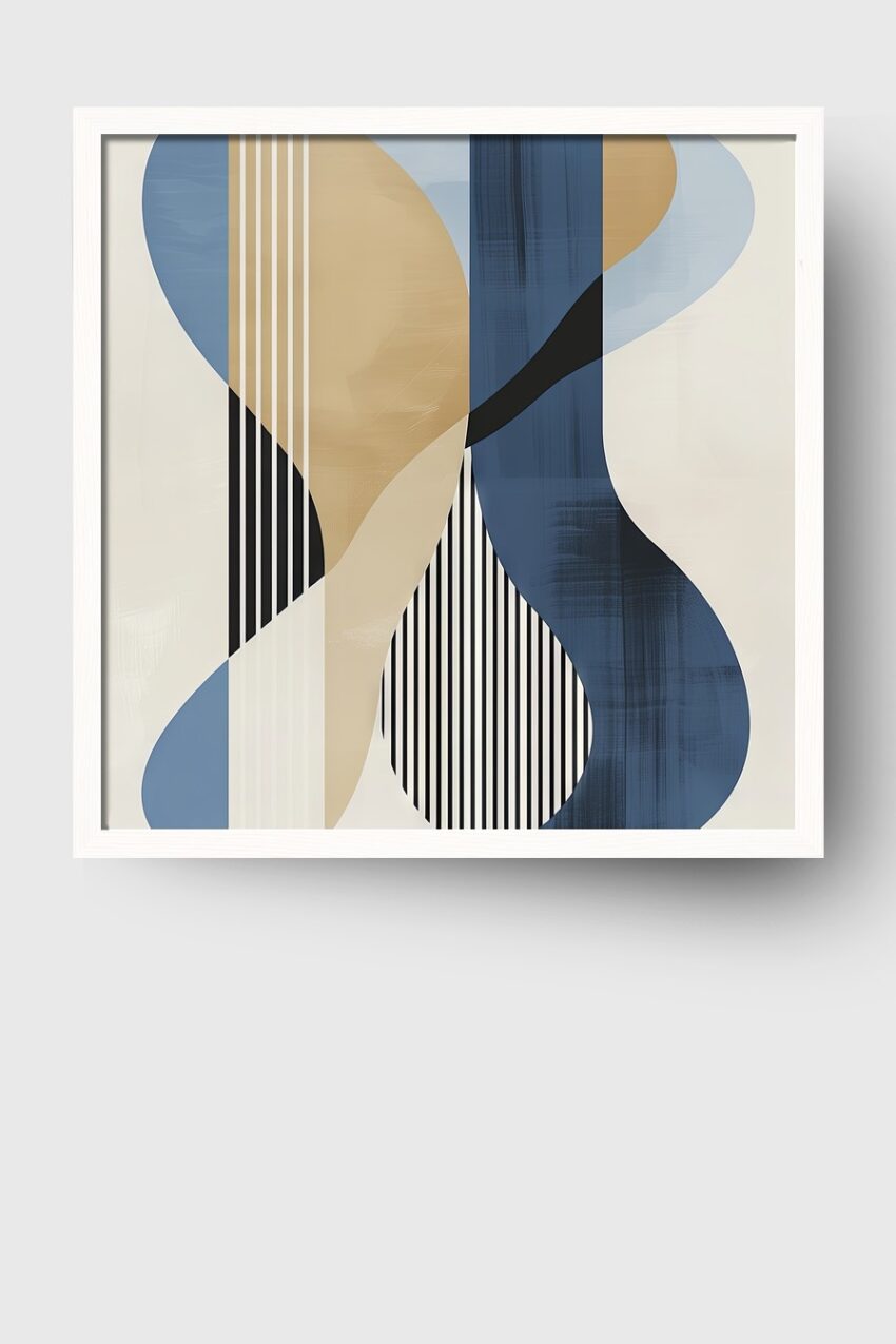 Abstrakter Kunstdruck mit geschwungenen Formen und vertikalen Linien in Beige, Blau, Schwarz und Weiß