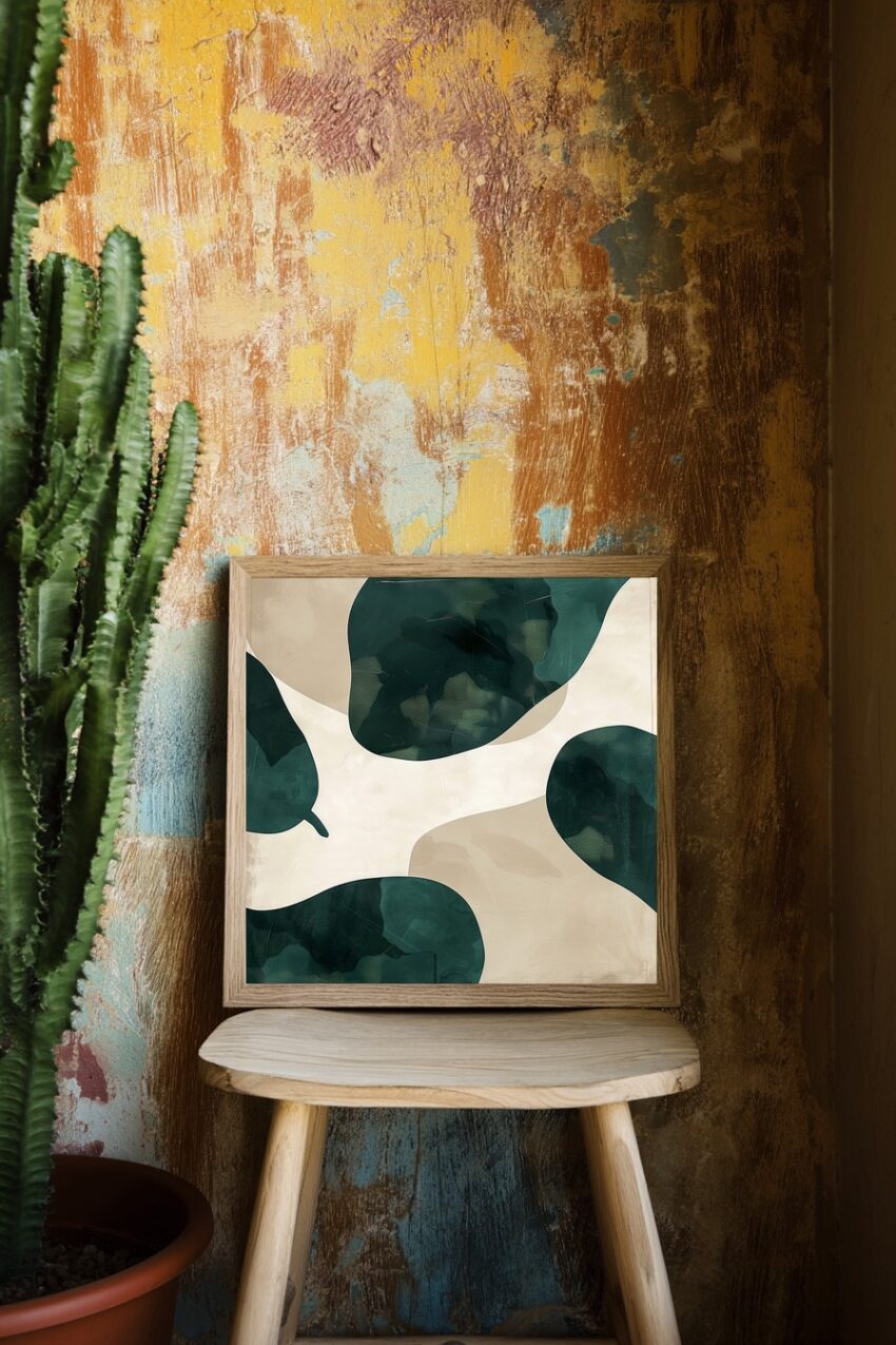 Abstraktes Poster mit grünen Blattformen und beigem Hintergrund in modernem Stil