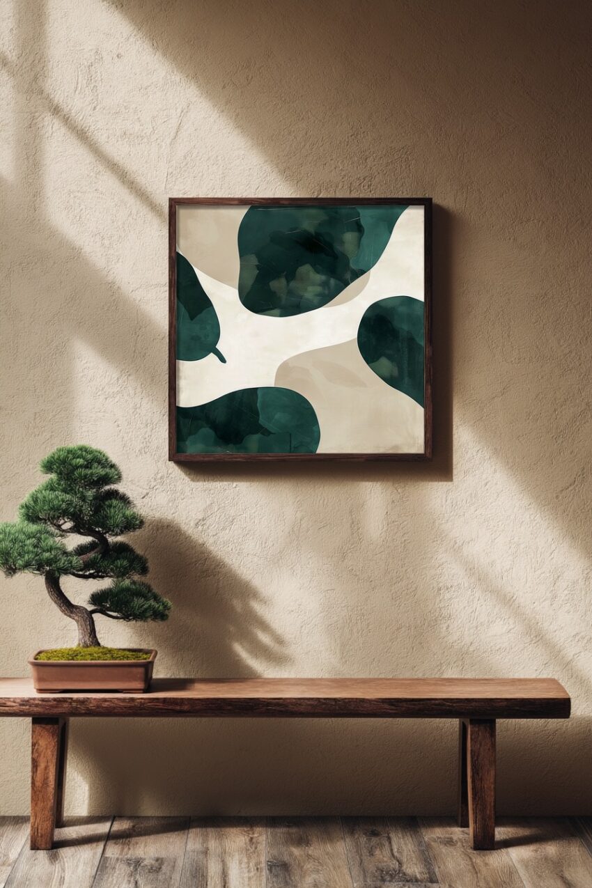 Poster mit abstrakten grünen Blättern und beige Hintergrund in modernem Stil