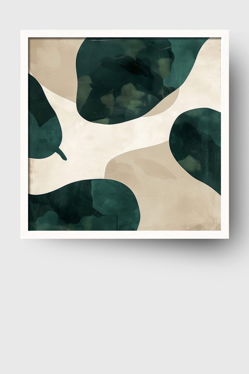 Poster mit abstrakten grünen Blättern und beige Hintergrund in modernem Stil