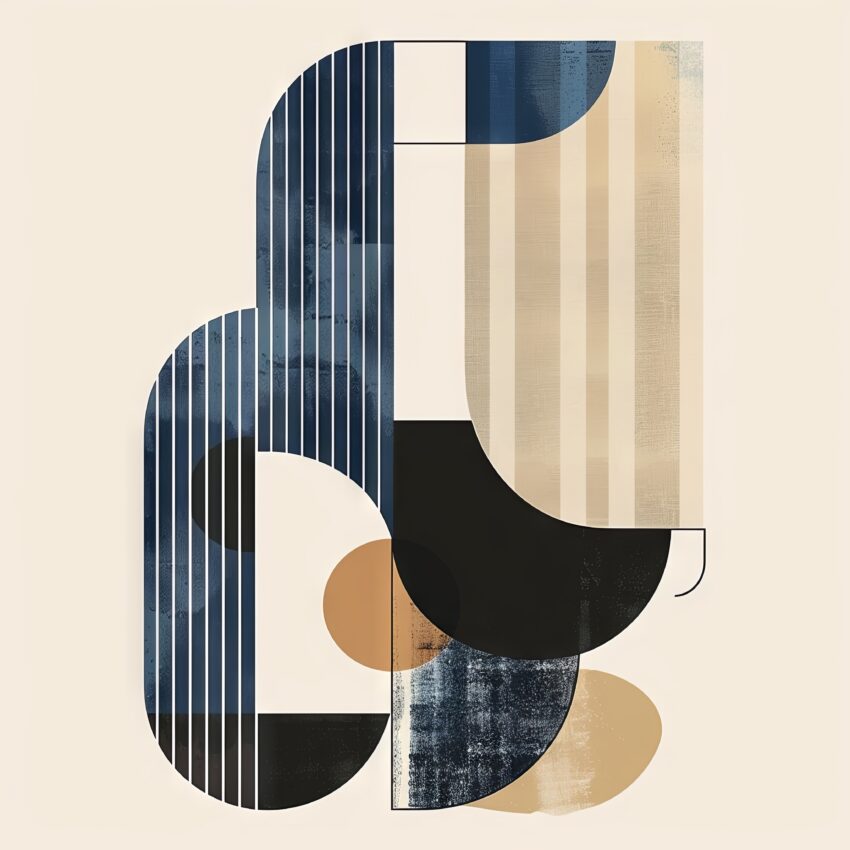 Abstraktes Poster mit geometrischen Linien und Formen in Blau, Beige und Schwarz für moderne Wandgestaltung