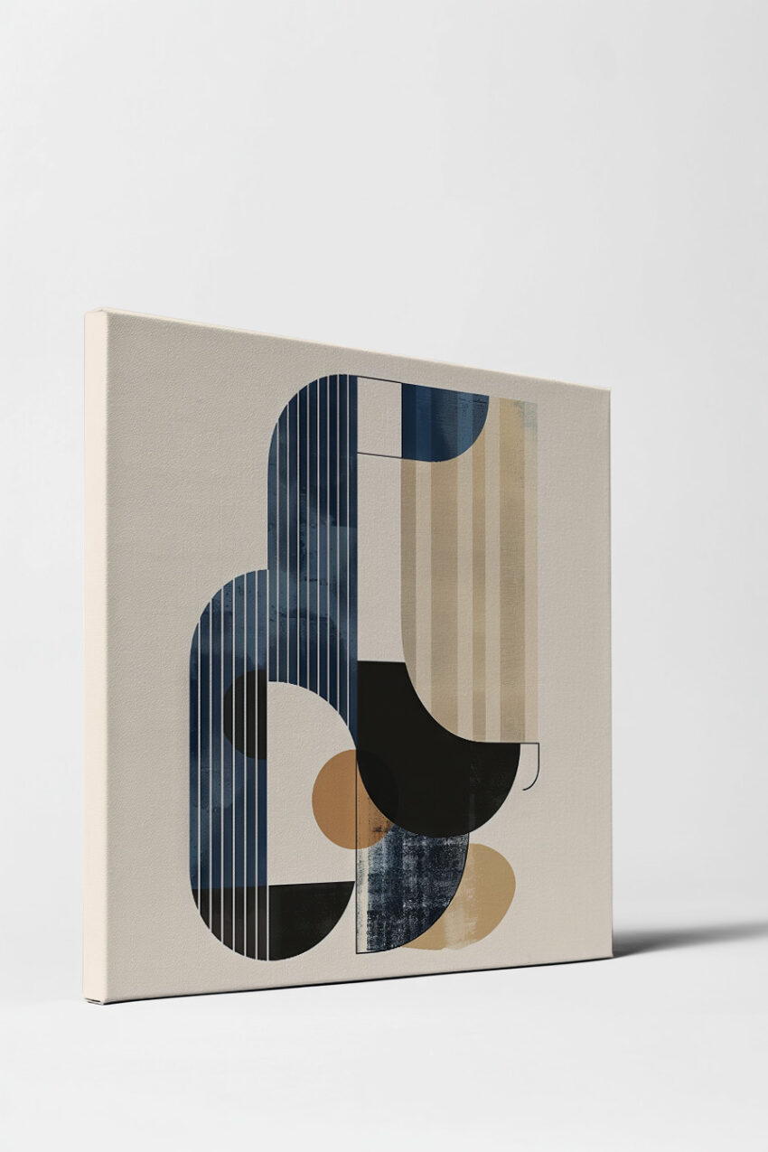 Abstraktes Poster mit geometrischen Formen, Linien und Kreisen in Beige, Schwarz und Blau als moderner Kunstdruck