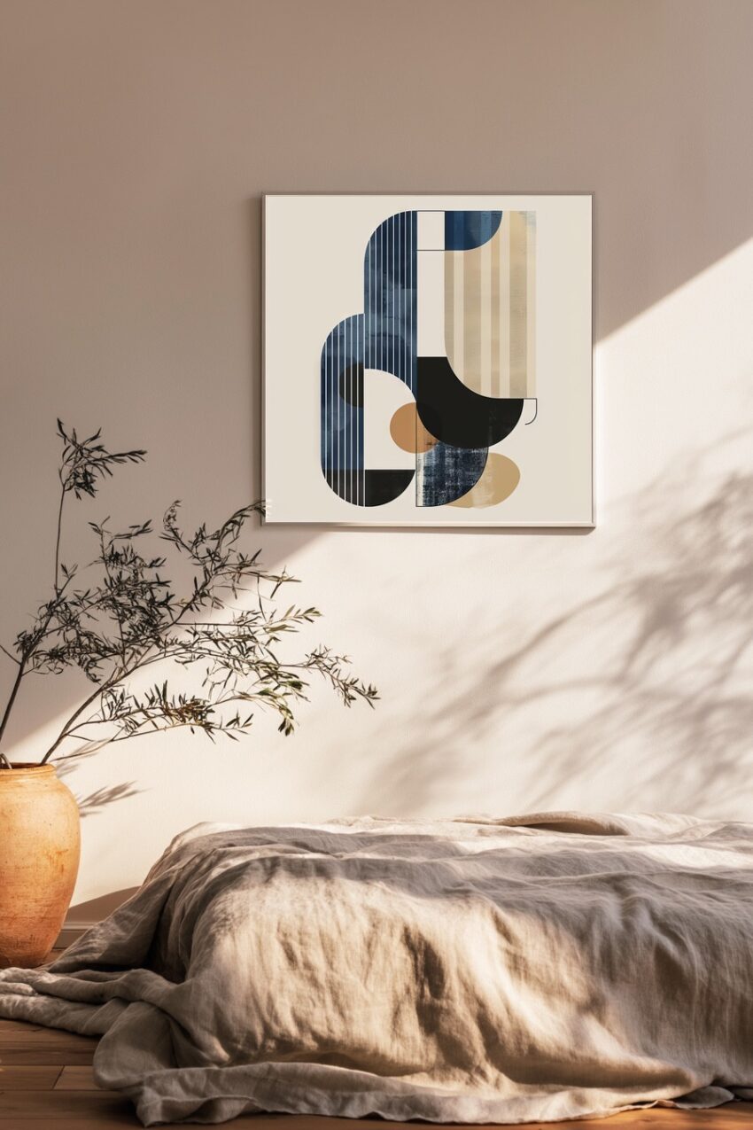 Poster mit abstrakten geometrischen Formen in Beige, Blau und Schwarz im minimalistischen Stil
