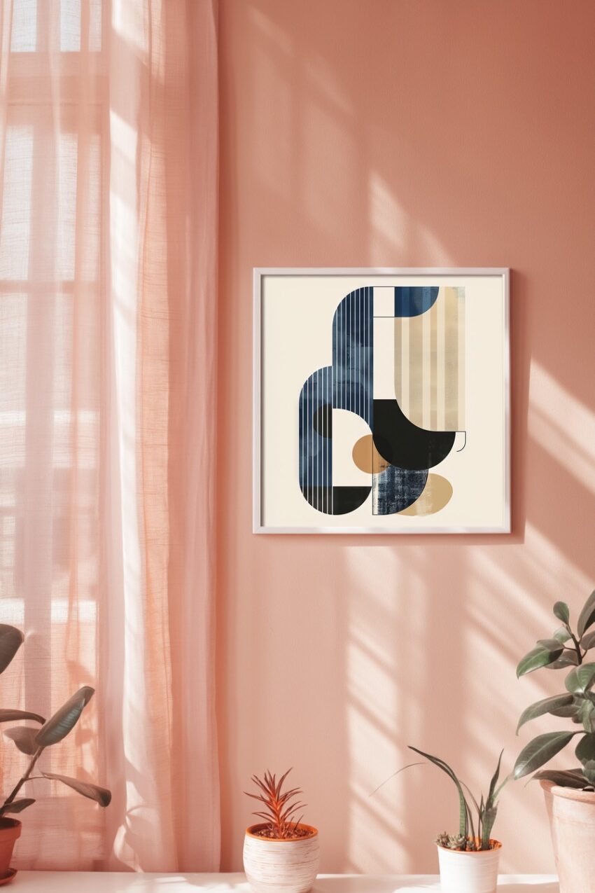 Abstraktes Poster mit geometrischen Formen, Linien und Kreisen in Beige, Schwarz und Blau als moderner Kunstdruck