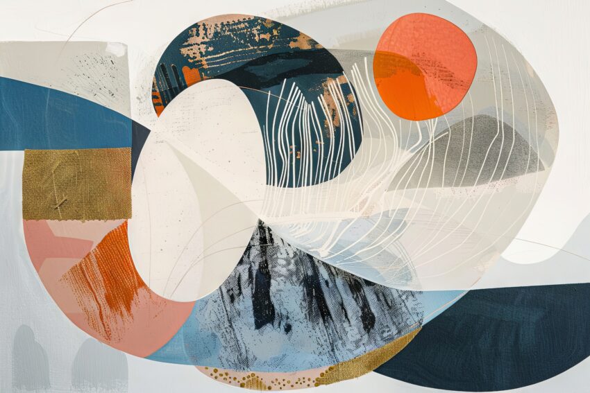 Modernes abstraktes Bild mit Kreisen, Wellenlinien und Farbakzenten in Blau, Orange und Beige als Poster oder Kunstdruck