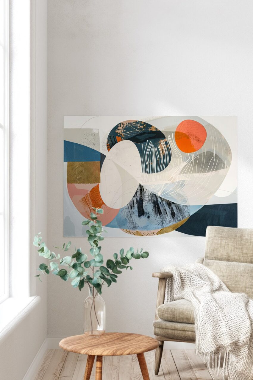 Modernes abstraktes Bild mit Kreisen, Wellenlinien und Farbakzenten in Blau, Orange und Beige als Poster oder Kunstdruck