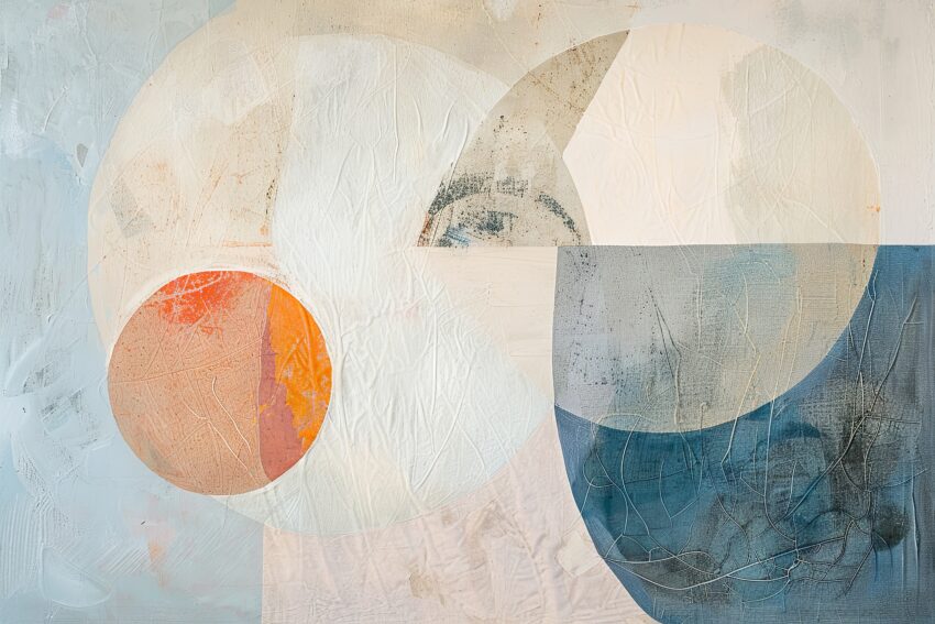 Abstraktes Poster mit geometrischen Kreisen in Beige, Blau und Orange auf strukturiertem Untergrund