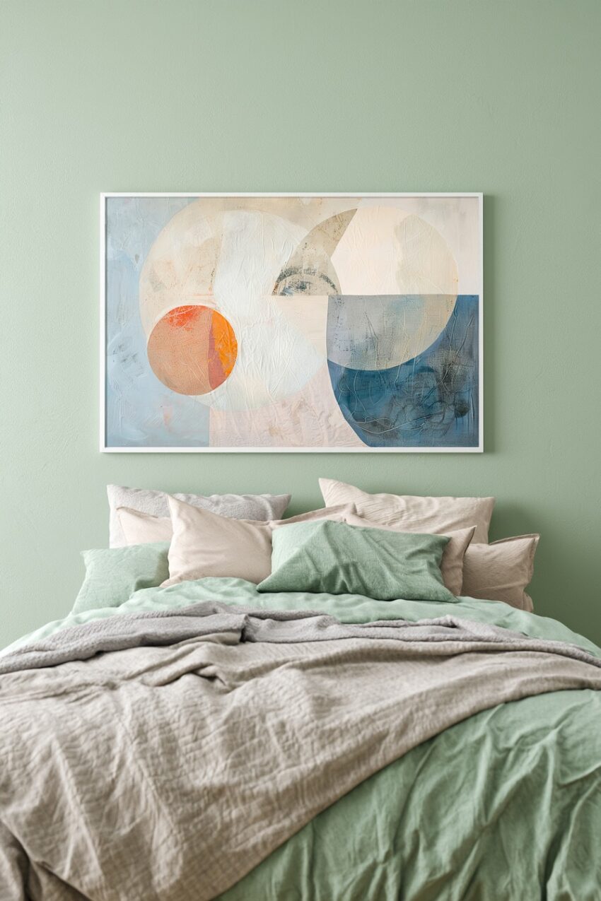 Abstraktes Poster mit geometrischen Kreisen in Beige, Blau und Orange auf strukturiertem Untergrund