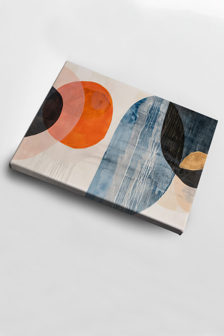 Abstraktes Wandbild mit runden Formen und Farbverläufen in Blau, Orange und Schwarz auf hellem Hintergrund