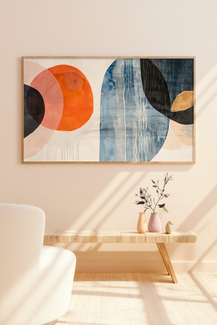 Abstraktes Poster mit Kreisen und Bögen in Orange Blau Schwarz im modernen Stil