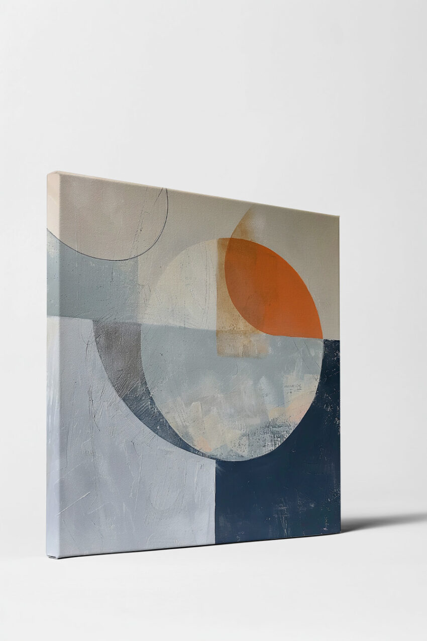 Abstraktes Poster mit geometrischen Halbkreisen und Rechtecken in Orange, Weiß, Grau und Dunkelblau, moderner Kunstdruck.