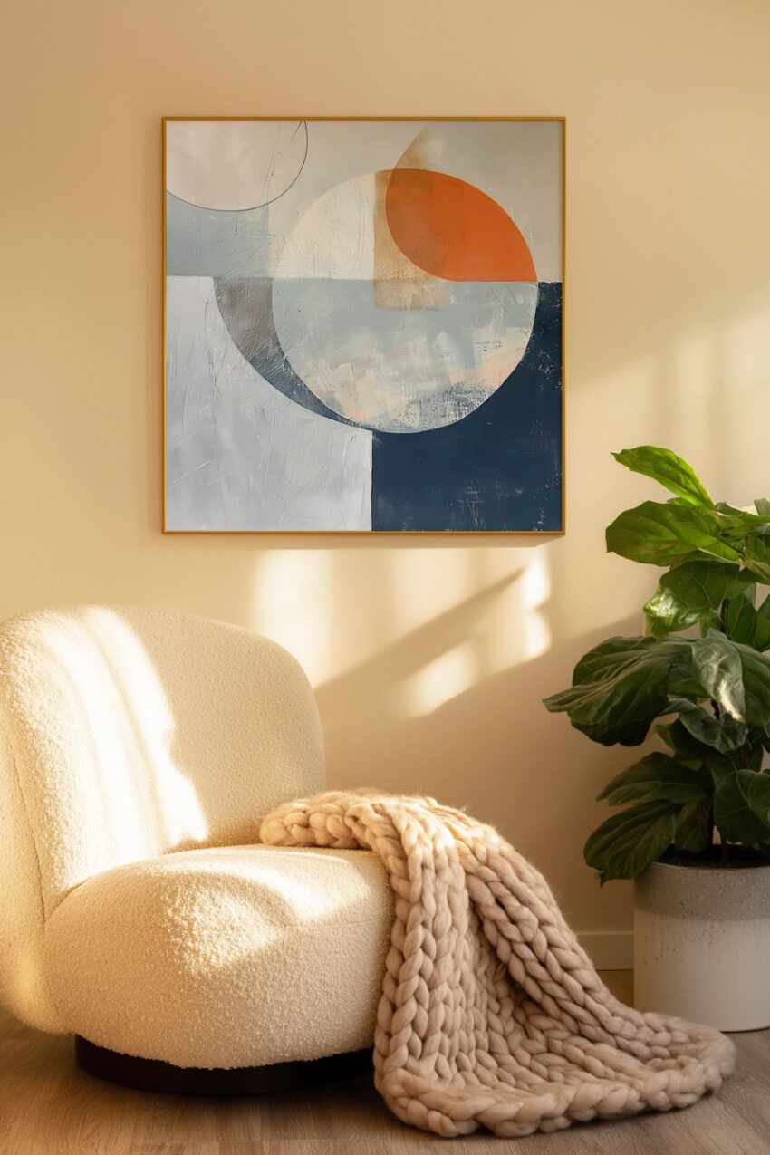 Abstrakter Kunstdruck mit geometrischen Kreisen in Blau und Orange in moderner Stilistik