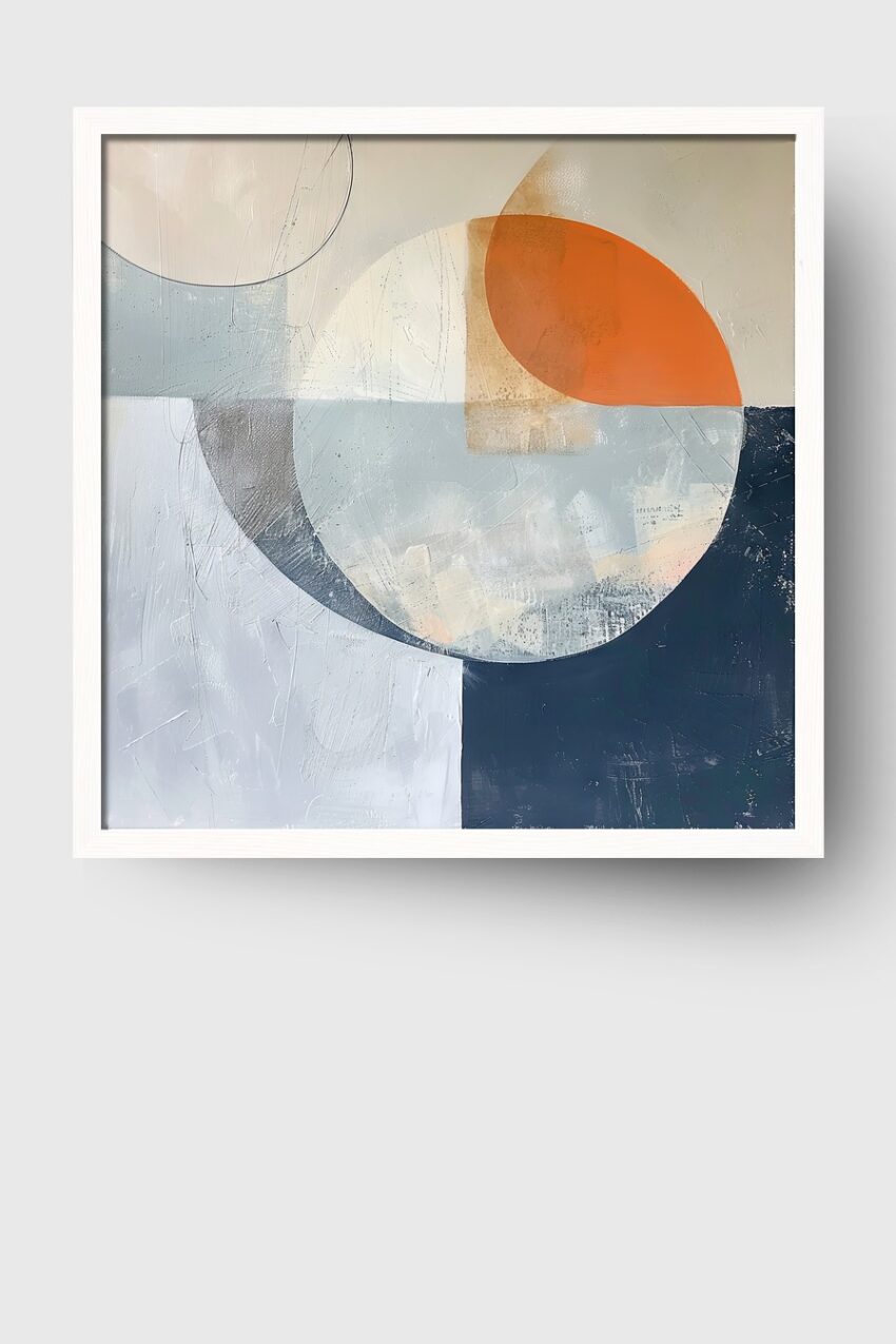 Abstraktes Poster mit geometrischen Halbkreisen und Rechtecken in Orange, Weiß, Grau und Dunkelblau, moderner Kunstdruck.