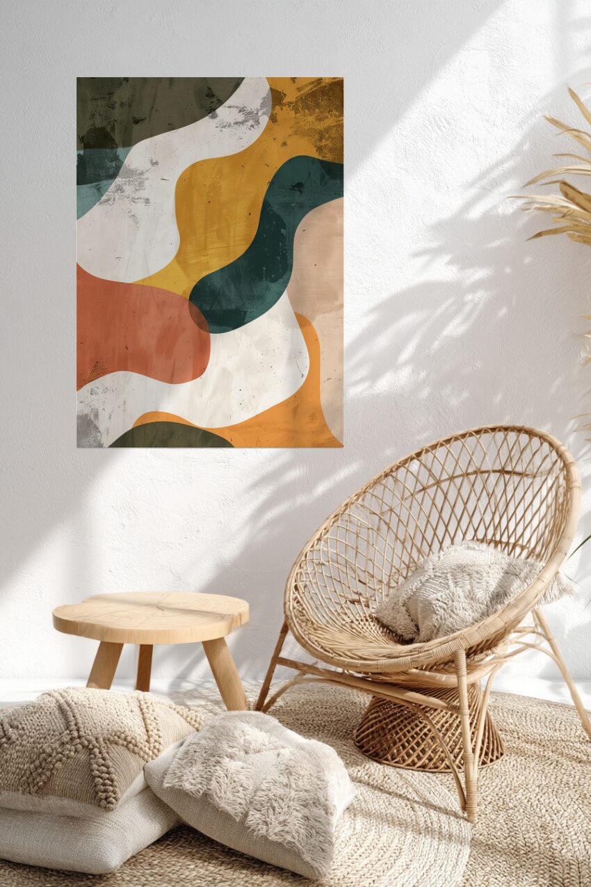 Abstraktes Wandbild mit organischen Farbflächen in Erdtönen wie Orange, Grün und Beige für moderne Wohnkultur