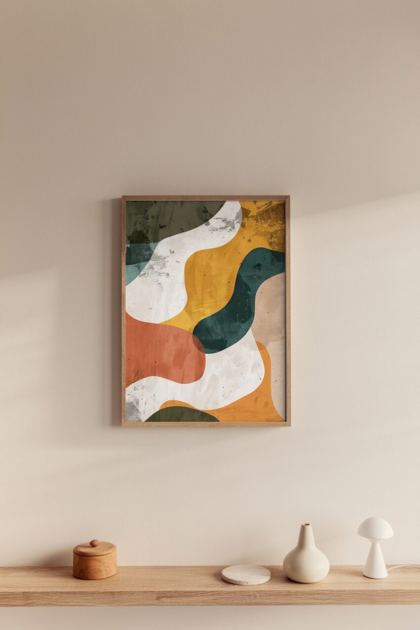 Abstraktes Poster mit geschwungenen Formen in warmen Erdtönen und gedecktem Stil