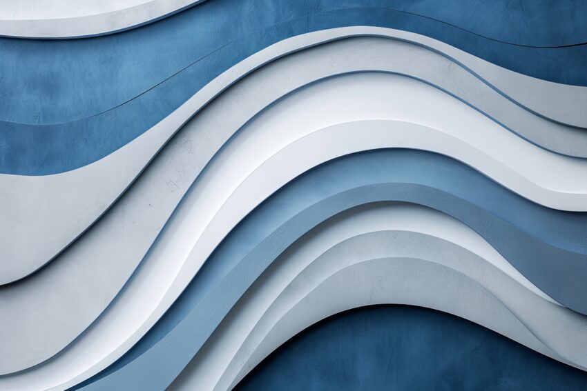 Poster mit abstrakten wellenförmigen Schichten in Blau und Weiß, modernes Design mit sanften Kurven