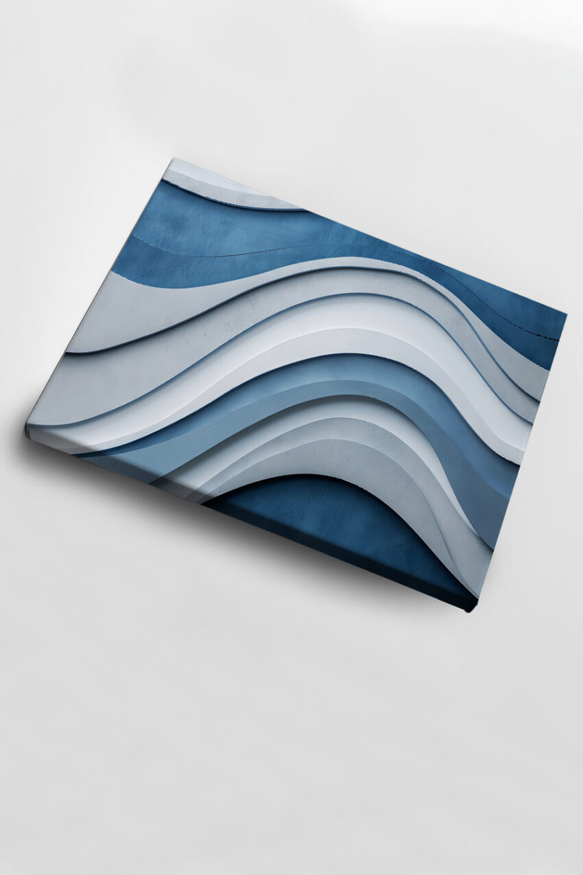 Poster mit abstrakten wellenförmigen Schichten in Blau und Weiß, modernes Design mit sanften Kurven