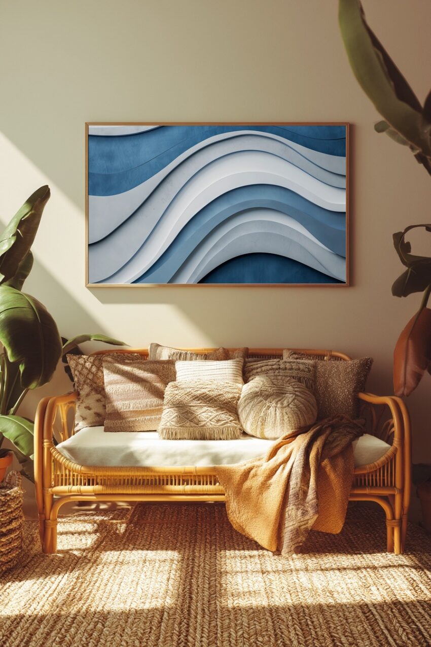 Poster mit abstrakten wellenförmigen Schichten in Blau und Weiß, modernes Design mit sanften Kurven