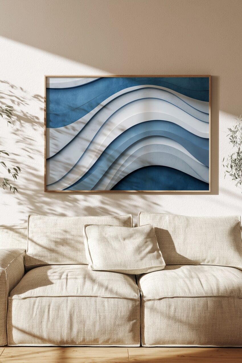 Poster mit abstrakten wellenförmigen Flächen in Blau, Weiß und Grau, moderner minimalistischer Kunstdruck