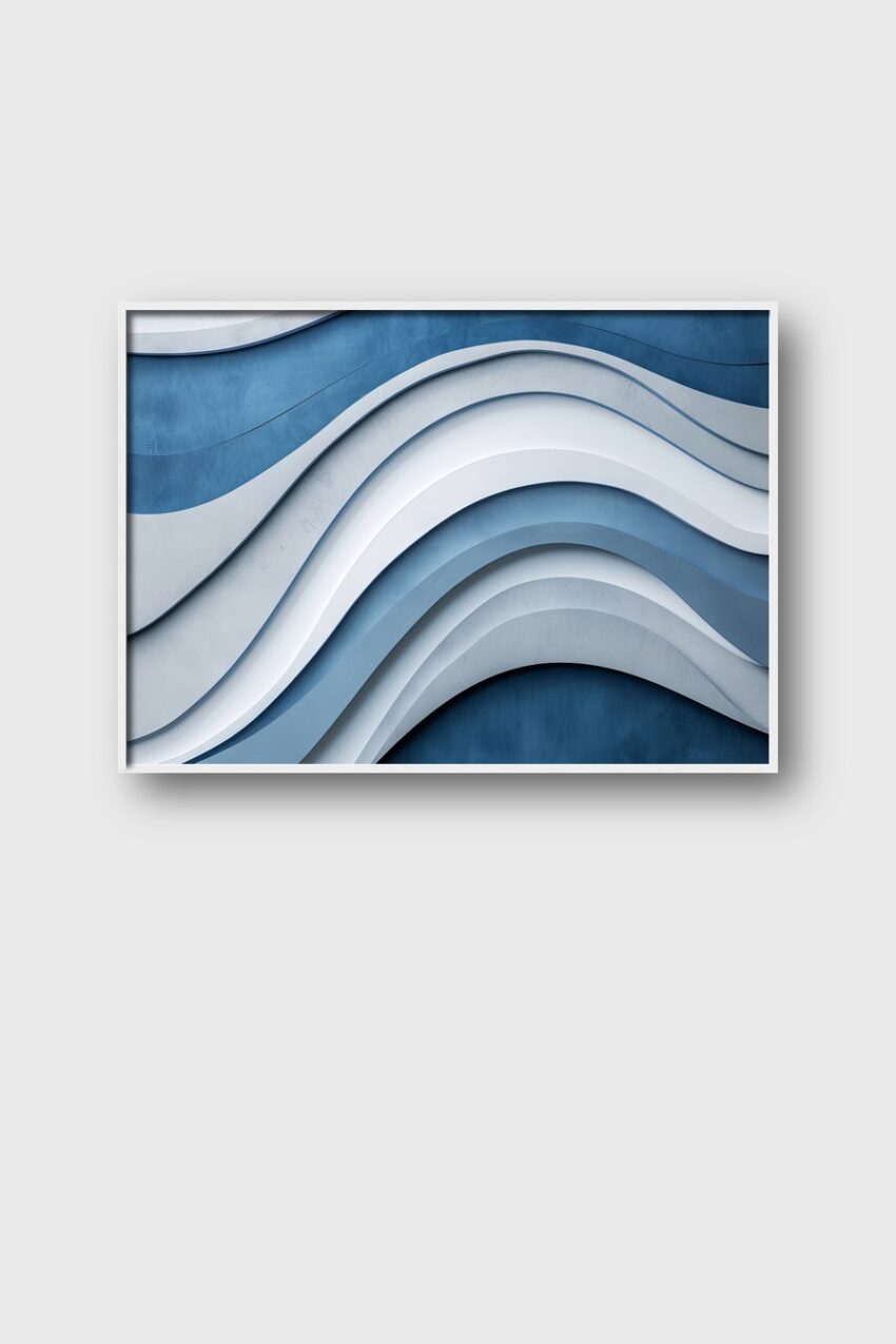 Poster mit abstrakten wellenförmigen Schichten in Blau und Weiß, modernes Design mit sanften Kurven
