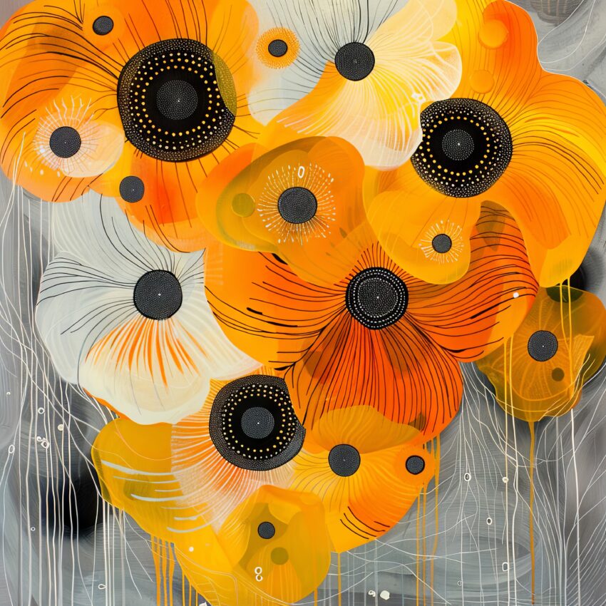 Poster mit orangen Anemonenblüten vor grauem Hintergrund in moderner floraler Grafik mit klaren Linien und Farbkontrasten