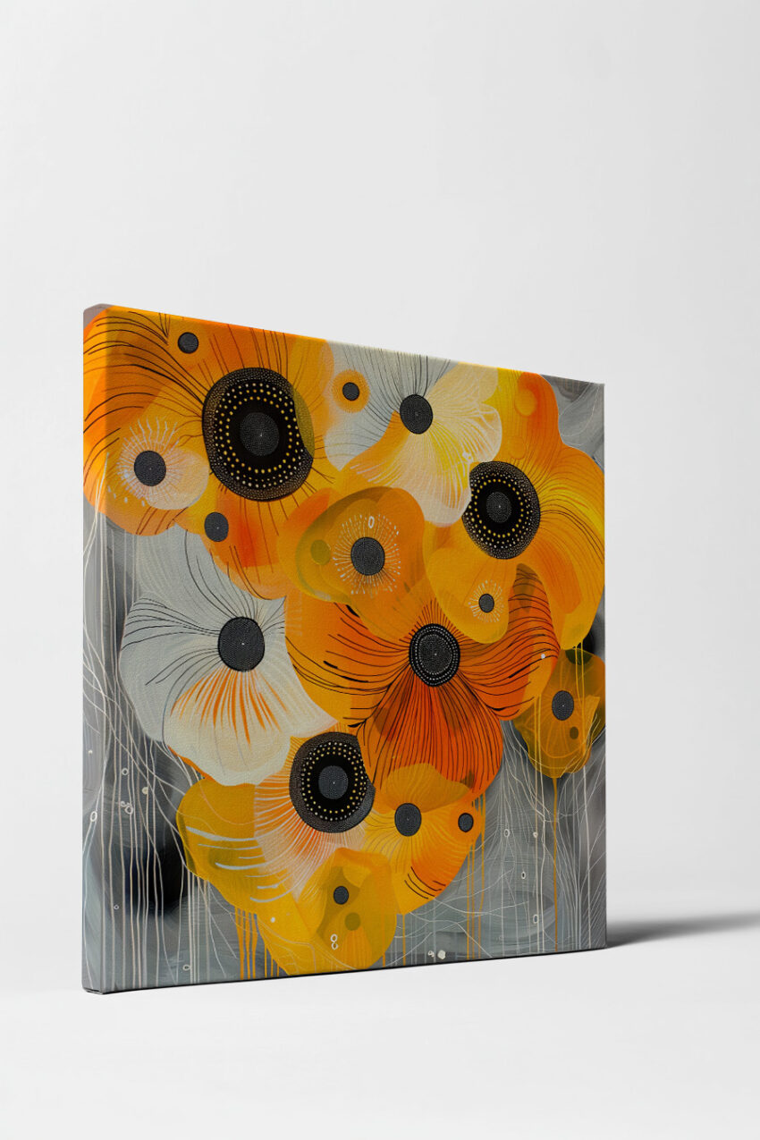 Poster mit orangen Anemonenblüten vor grauem Hintergrund in moderner floraler Grafik mit klaren Linien und Farbkontrasten