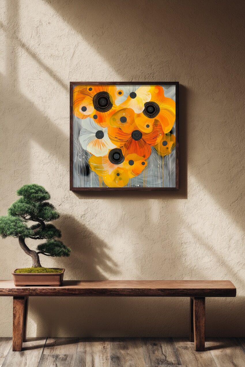 Poster mit orangen Anemonenblüten vor grauem Hintergrund in moderner floraler Grafik mit klaren Linien und Farbkontrasten